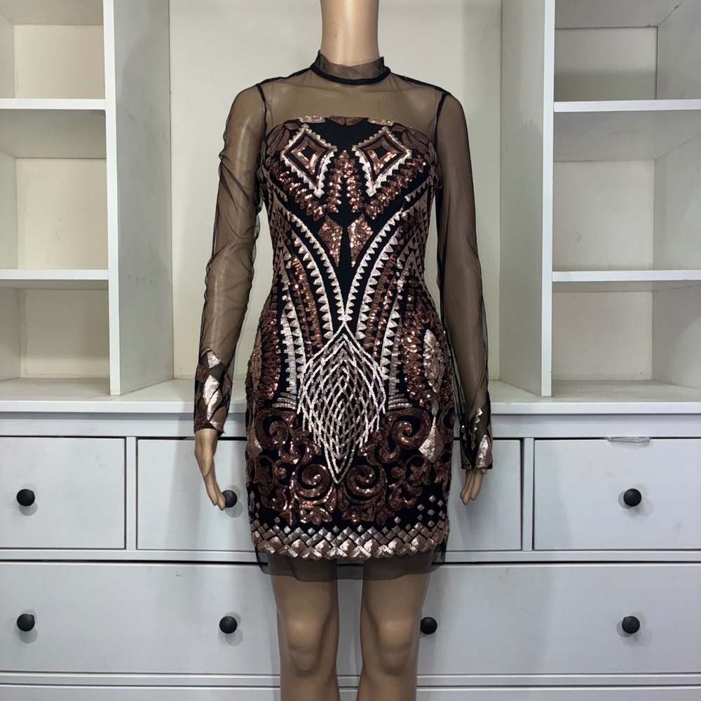 A. PEACH Black Mesh Sequin Cocktail‎ Dress Long Sleeve Mock Neck Mini Size S